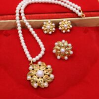 Gold Plated Moti set With Earrings & Adjustable Finger Ring For Womens