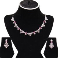 Simple Necklace White & Ruby Stone Studded American Diamond Set for women