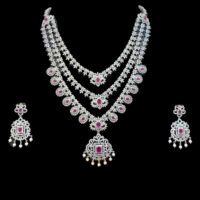 AD Set Necklace Three Layers Heavy Stone Studded American Diamond Set for women - Image 2