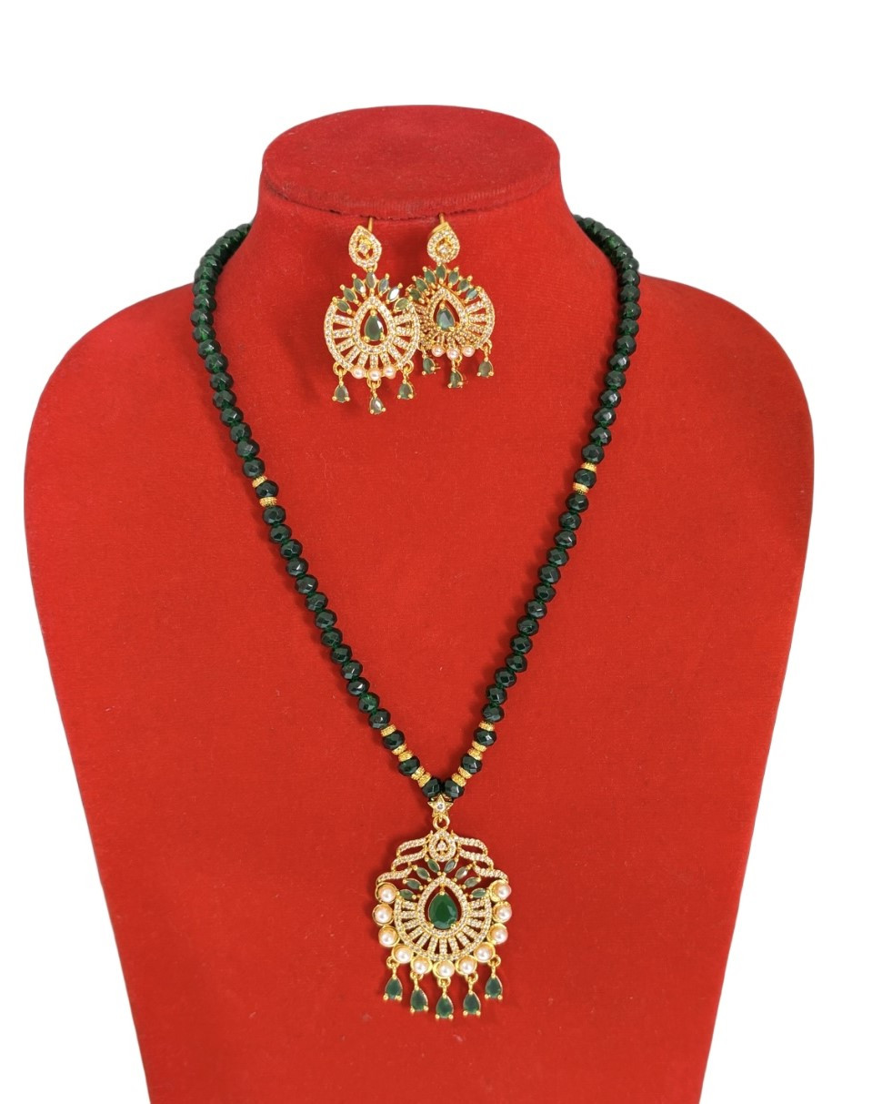 crystal bead Long Green Beaded Necklace Set with Central Pendant & Matching Drop Earrings - Image 1