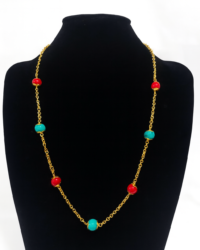 Gold-Plated Chain Necklace with Red Coral & Turquoise Beads