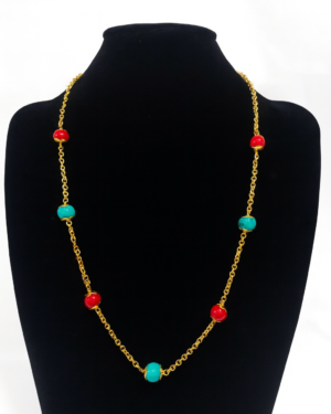 Gold-Plated Chain Necklace with Red Coral & Turquoise Beads - Image 2