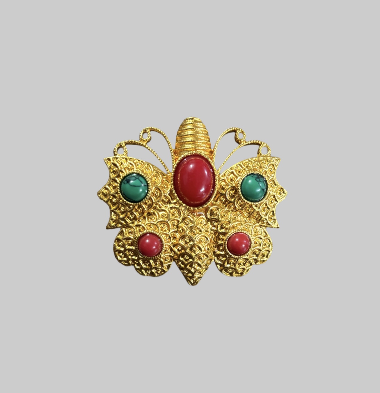 14K Yellow Gold Butterfly Brooch with Coral & Turquoise Nature-Inspired Fine Jewelry Pin front Gold Butterfly Brooch with Coral & Turquoise | Nature-Inspired Fine Jewelry Pin - Image 1