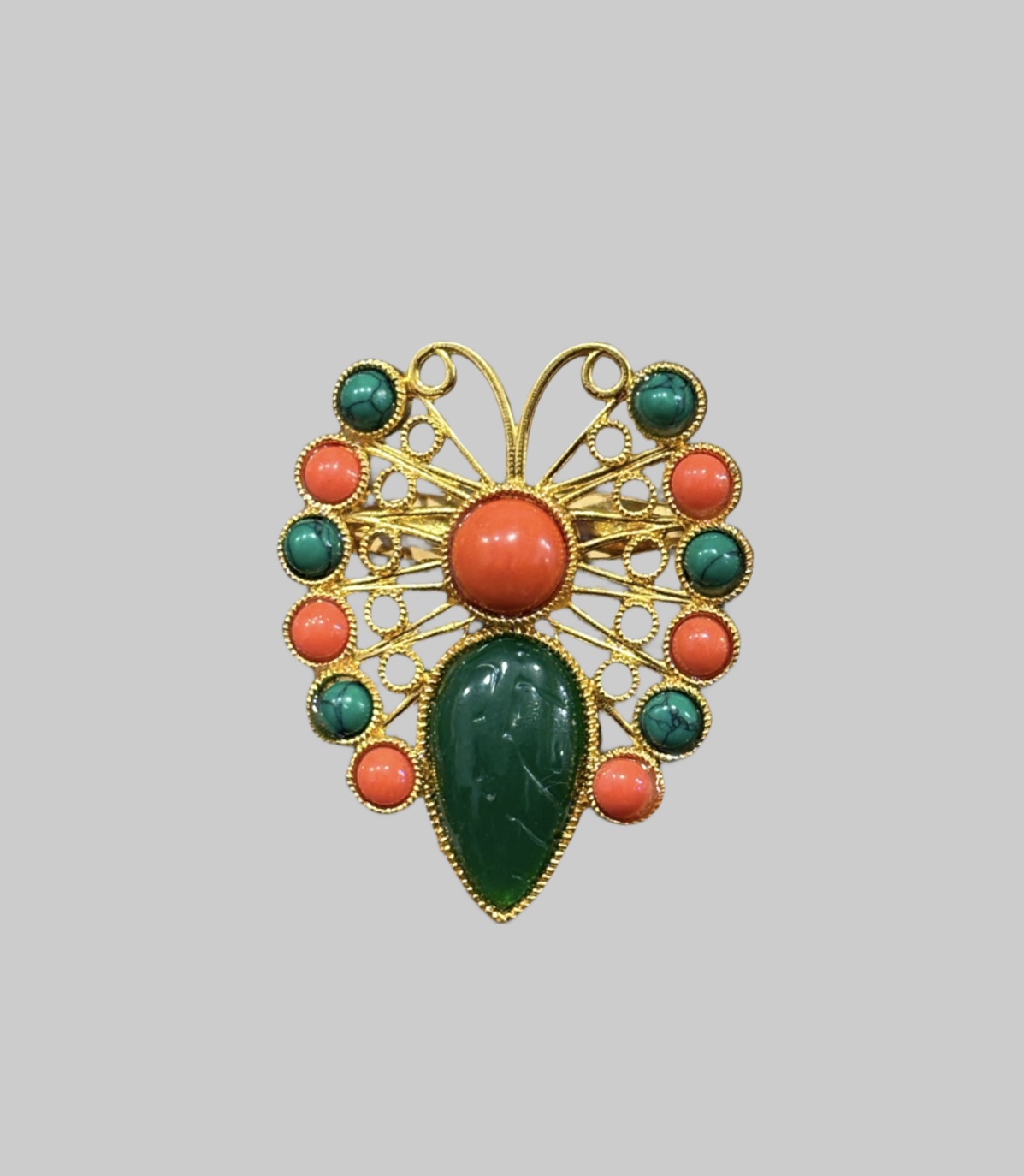 14K Yellow Gold Butterfly Brooch with Coral & Turquoise Nature-Inspired Fine Jewelry front Gold Butterfly Brooch with Coral & Turquoise | Nature-Inspired Fine Jewelry - Image 1