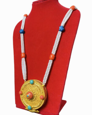Traditional Gold-Plated Tibetan Ghau Locket / Nepali Ghau Mala Necklace with Turquoise & Coral Stones - Image 2