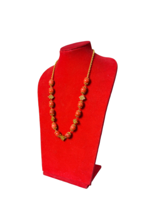 Coral & Gold-Plated Beaded Mala Necklace with Knot-Style Spacers - Image 2