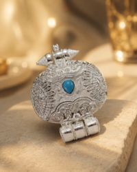 Tibetan Silver Gau (Prayer Box) Amulet Pendant with Central Turquoise Stone - Image 2