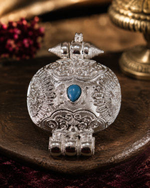 Tibetan Silver Gau (Prayer Box) Amulet Pendant with Central Turquoise Stone - Image 3