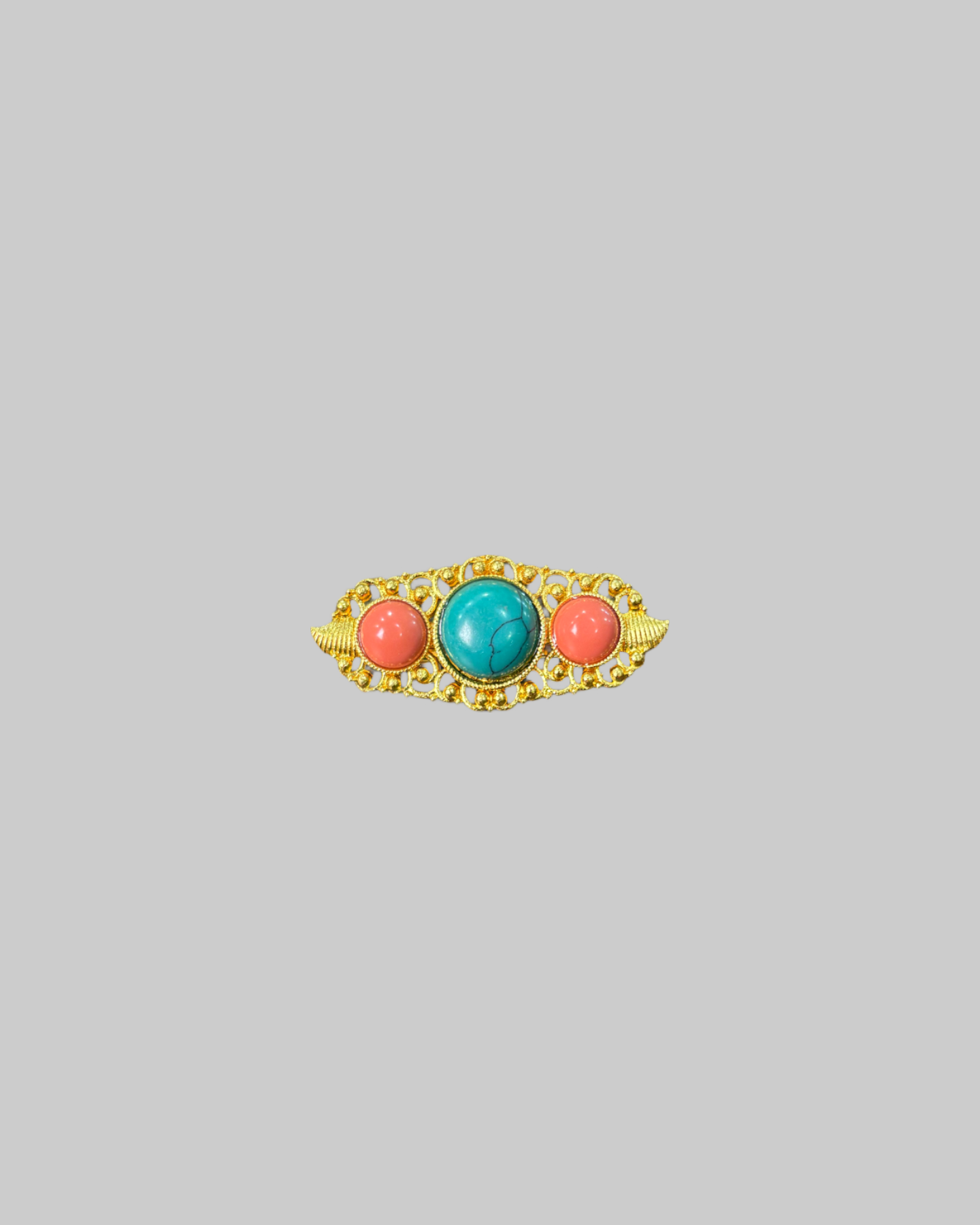 Antique Chinese Gilt Silver Filigree Turquoise & Coral Brooch Panel FRONT Antique Chinese Gilt Silver Filigree Turquoise & Coral Brooch Panel - Image 1