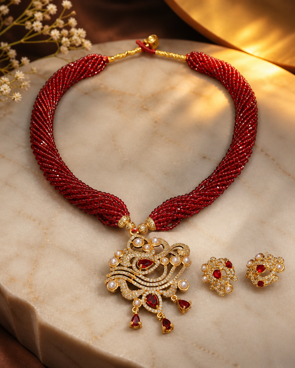 Crimson Pearl Kundan Statement Necklace Set Crimson Pearl Kundan Statement Necklace Set - Image 1