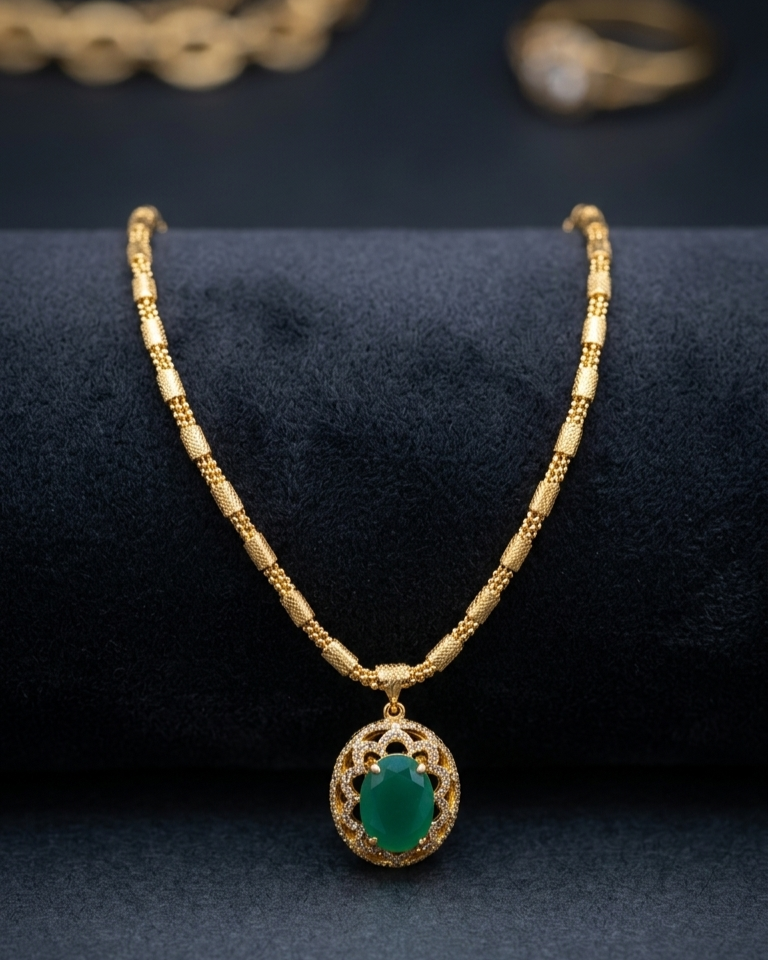 Emerald Elegance Gold Pendant Necklace Traditional Gold Chain Necklace with Green Jade Pendant | Handcrafted Style Ethnic Jewelry - Image 1