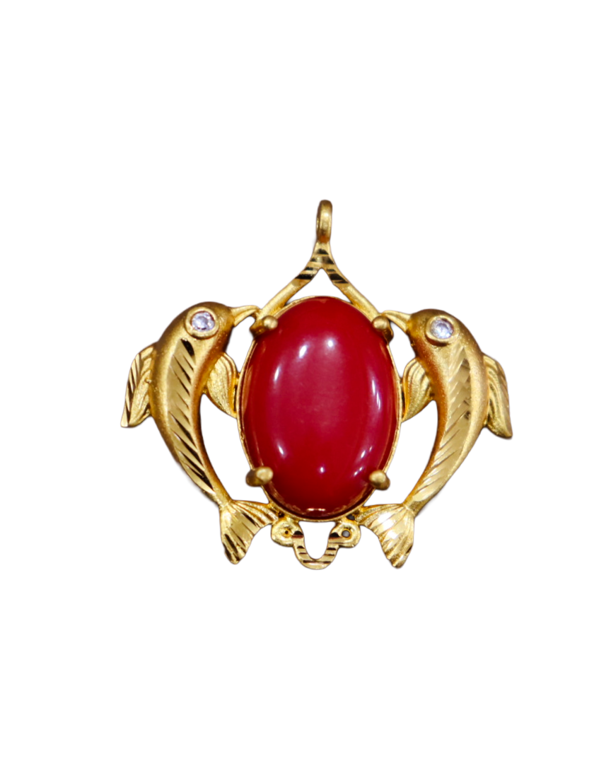 Gold Dolphin Pendant with Red Coral Cabochon Gemstone Jewelry Gold Dolphin Pendant with Red Coral Cabochon | Gemstone Jewelry - Image 1
