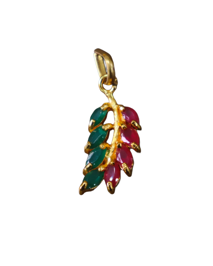 Gold Leaf-Cluster Pendant with Ruby & Emerald Gemstones Gold Leaf-Cluster Pendant with Ruby & Emerald Gemstones - Image 1