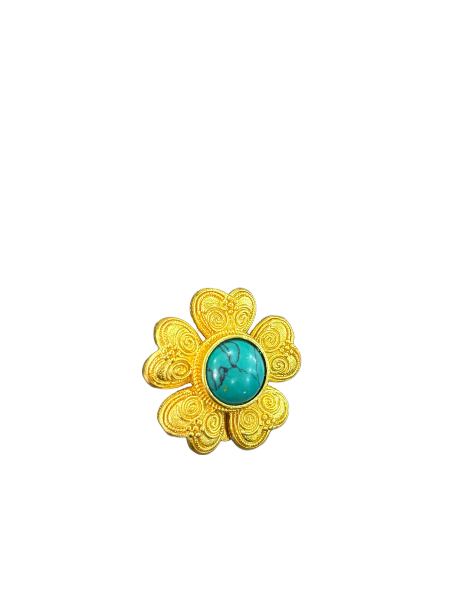 Gold-Plated Flower Brooch with Turquoise Stone Center Front Gold-Plated Flower Brooch with Turquoise Stone Center - Image 1