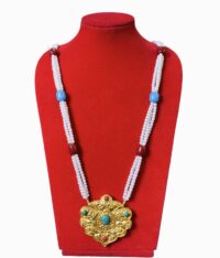 Gold-Plated Ghaau (Gau) Tibetan-Style Necklace | Pendant with Turquoise & Red Stone Accents | Handmade Jewelry