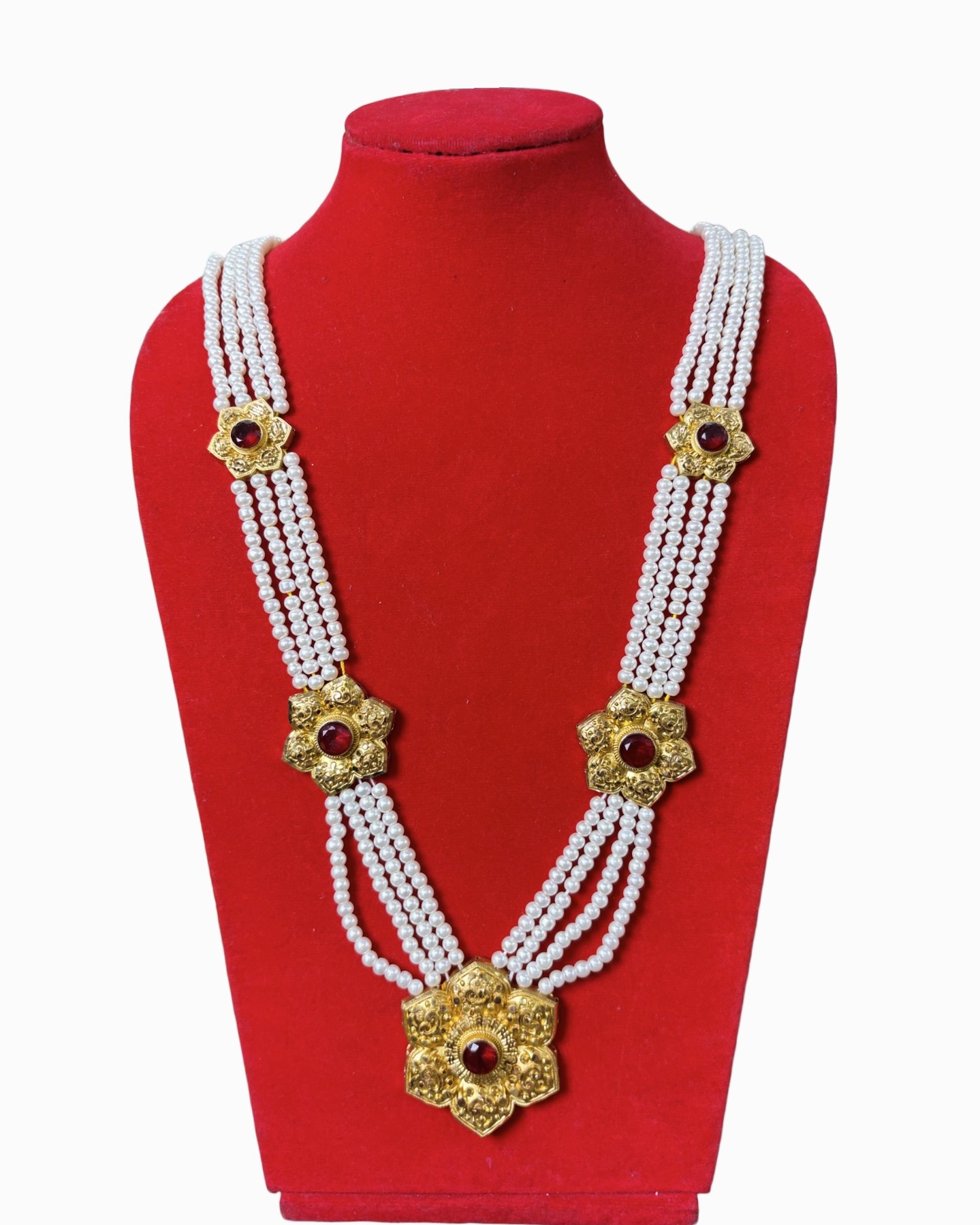Gold-Plated Moti Chandra Haar Necklace with Pearls & Ruby-Colored Stones Gold-Plated Moti Chandra Haar Necklace with Pearls & Ruby-Colored Stones - Image 1