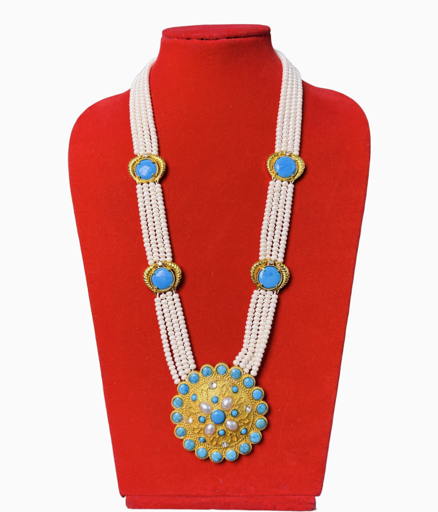 Gold-Plated Multi-Layered Pearl & Turquoise Tibetan KhauGhau Necklace Set Gold-Plated Multi-Layered Pearl & Turquoise Tibetan Khau/Ghau Necklace Set - Image 1