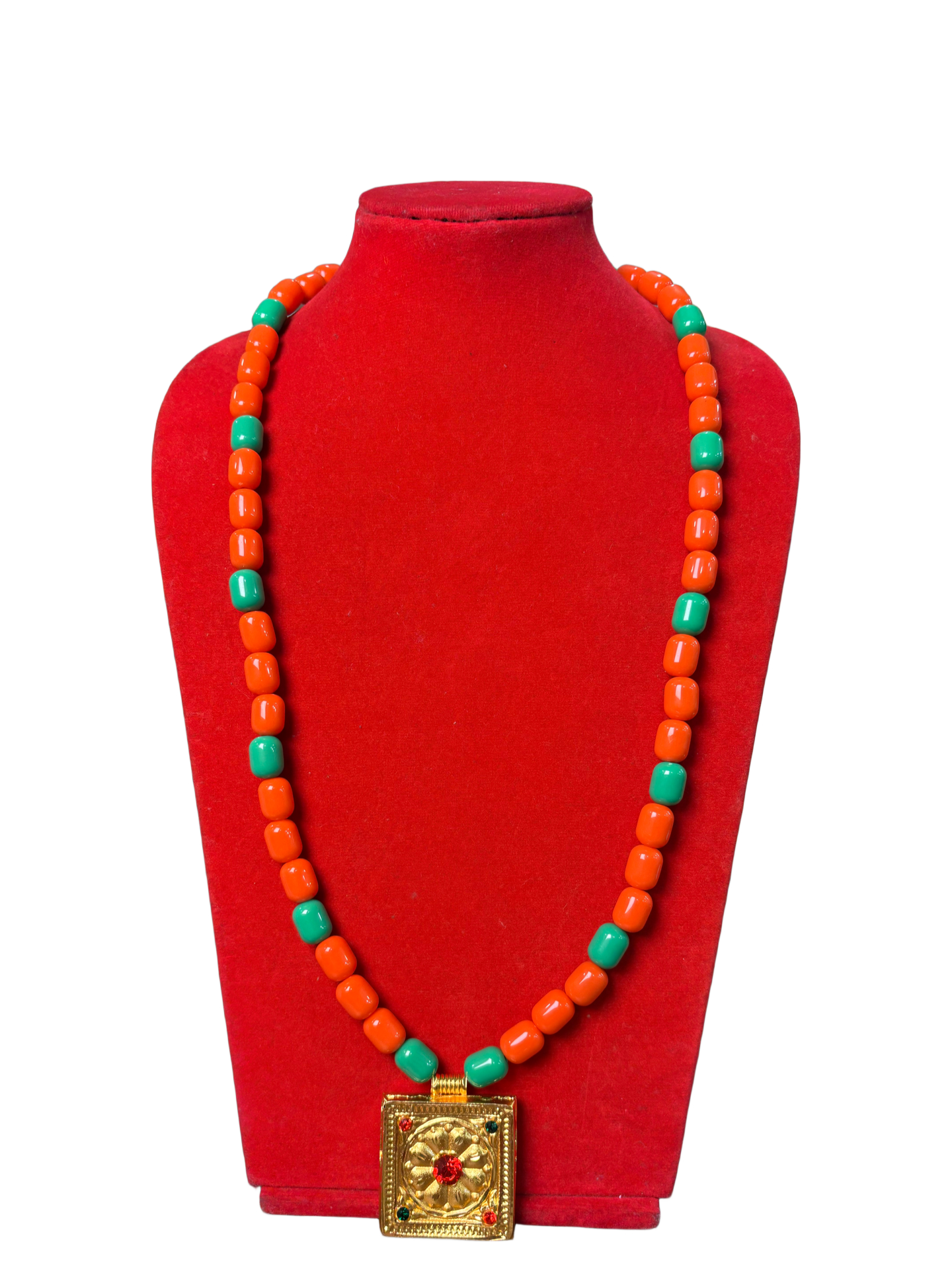 Gold-Plated Nepalese Peehruu Mala Necklace with Red & Turquoise Beads Gold-Plated Nepalese Peehruu Mala Necklace with Red & Turquoise Beads - Image 1