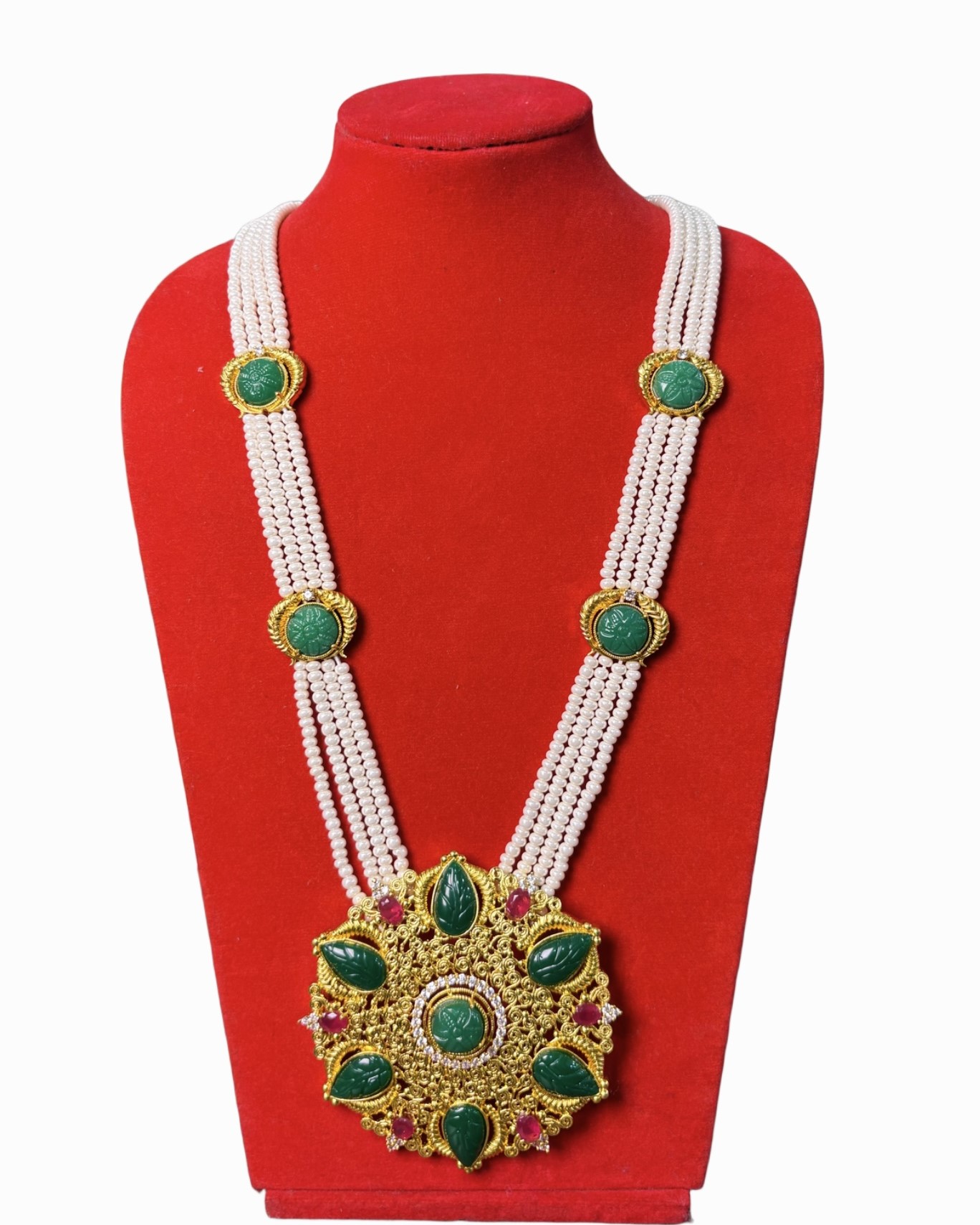 Gold-Plated Nepali-Inspired Long Necklace with Pearls & Green Carved Jade or Emerald-Like Stones Gold-Plated Nepali-Inspired Long Necklace with Pearls & Green Carved Jade or Emerald-Like Stones - Image 1