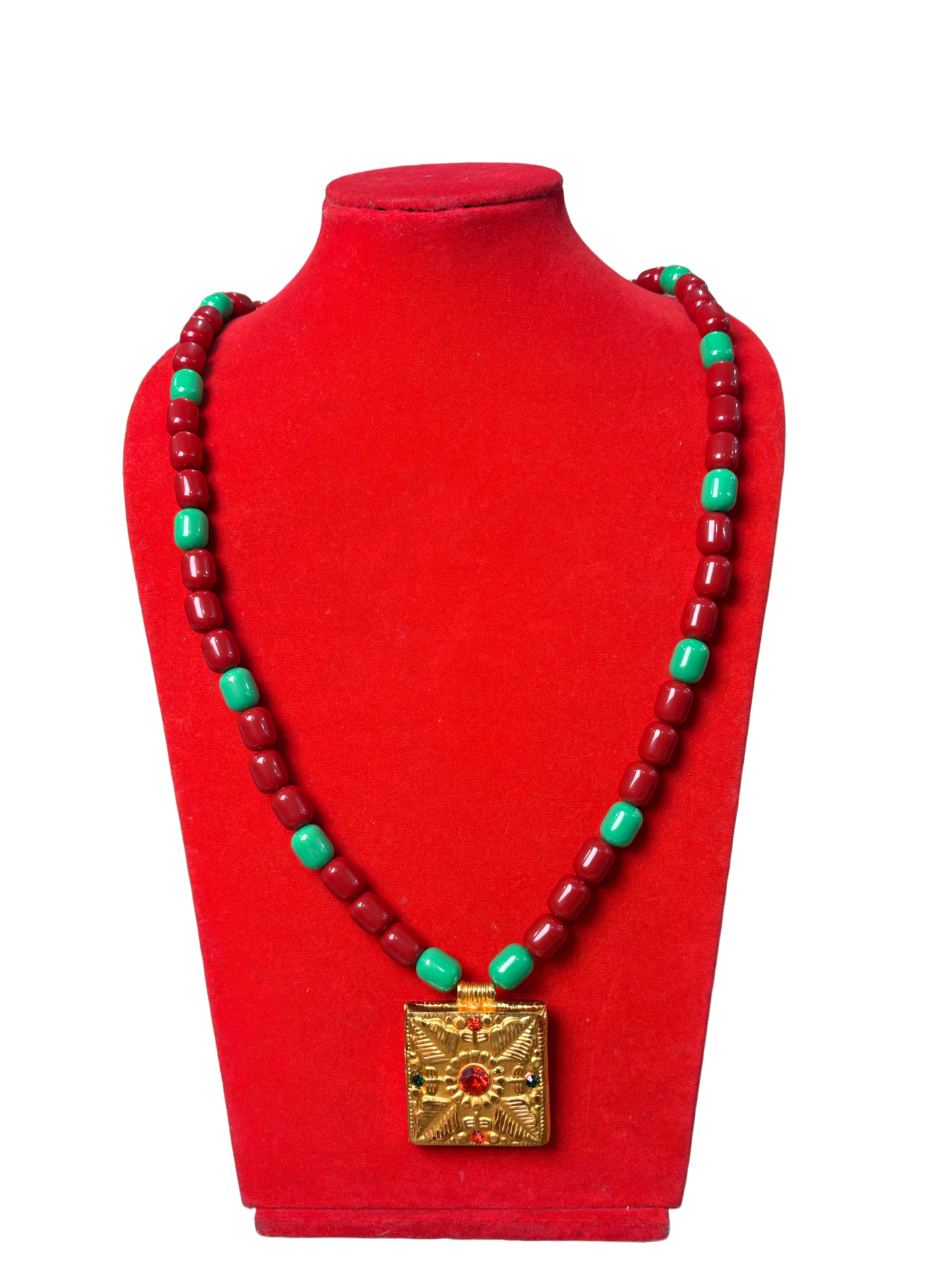 Gold-Plated Nepali Jantar Mala Necklace with Red & Green Beads and Pendant Gold-Plated Nepali Jantar Mala Necklace with Red & Green Beads and Pendant - Image 1