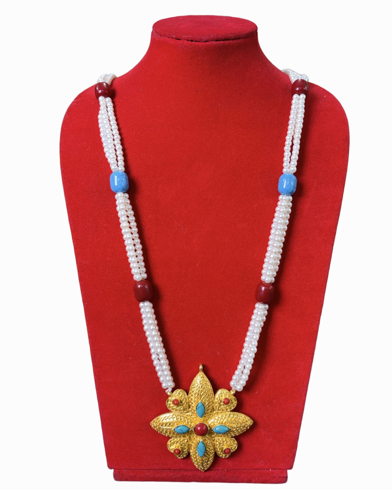 Gold-Plated NepaliTibetan Ghau Mala Necklace Faux Pearl, Turquoise & Red Coral Ethnic Jewelry Gold-Plated Nepali/Tibetan Ghau Mala Necklace | Faux Pearl, Turquoise & Red Coral Ethnic Jewelry - Image 1