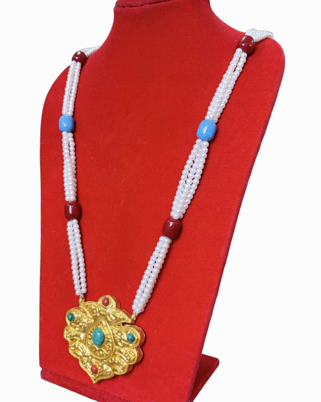 Gold-Plated Nepali–Tibetan Cultural Necklace with Pearl, Coral & Turquoise Stones Gold-Plated Nepali–Tibetan Cultural Necklace with Pearl, Coral & Turquoise Stones - Image 1