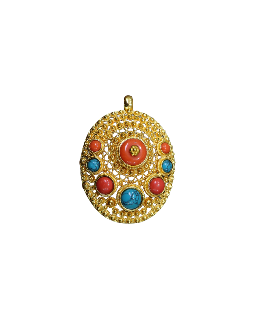 Gold-Plated Silver Tibetan Ghau Amulet Pendant with Coral & Turquoise Stones – Protective Prayer Box Talisman Gold-Plated Tibetan Ghau Amulet Pendant with Coral & Turquoise Stones – Protective Prayer Box Talisman - Image 1