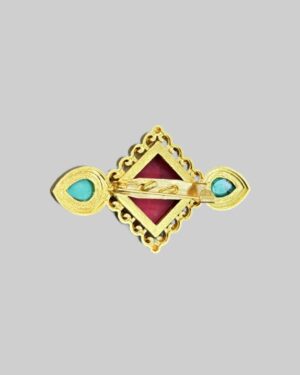 Gold-Plated Tibetan Brooch with Red & Turquoise Stones | Ethnic Himalayan Jewelry - Image 2