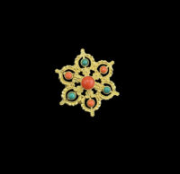 Gold-Plated Tibetan Ghau Amulet Brooch Pendant – Prayer Box with Coral & Turquoise Stones