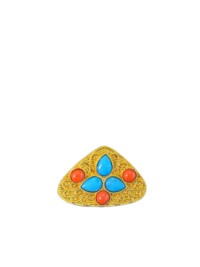 Gold-Plated Tibetan Ghau Amulet Brooch with Coral & Turquoise Stones