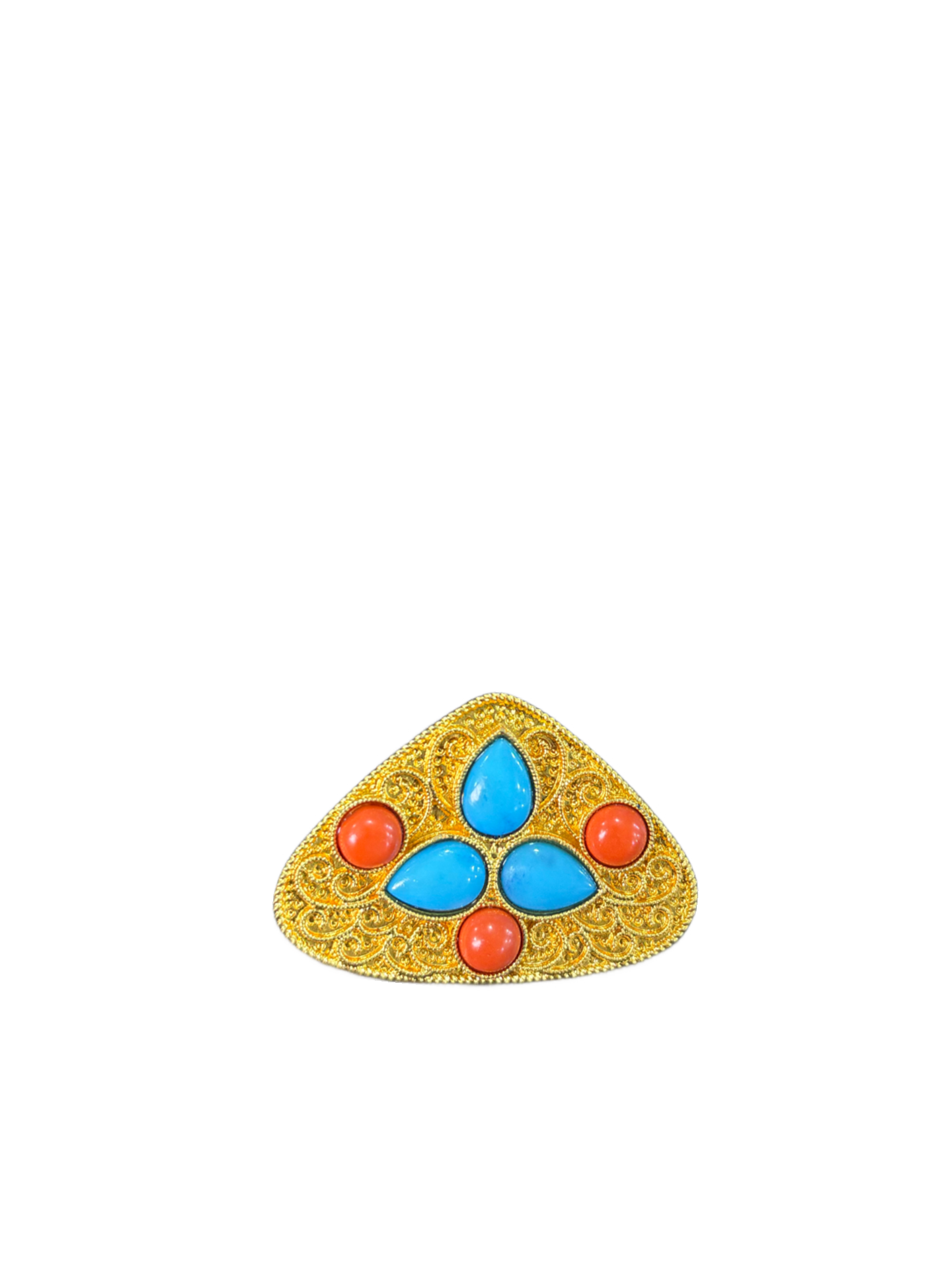 Gold-Plated Tibetan Ghau Amulet Brooch with Coral & Turquoise Stones front Gold-Plated Tibetan Ghau Amulet Brooch with Coral & Turquoise Stones - Image 1