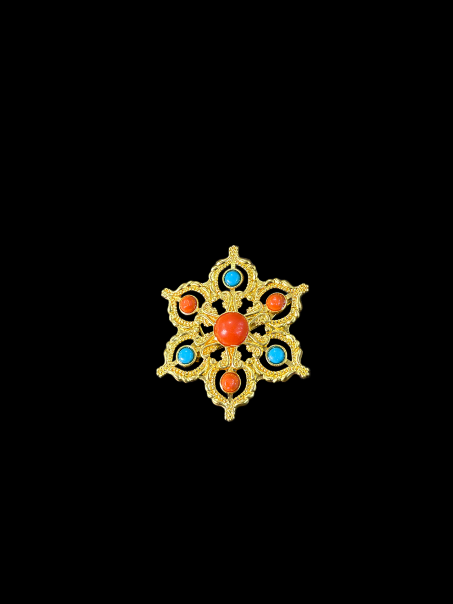 Gold-Plated Tibetan Ghau Amulet Brooch with Turquoise & Coral Stones front Gold-Plated Tibetan Ghau Amulet Brooch with Turquoise & Coral Stones - Image 1