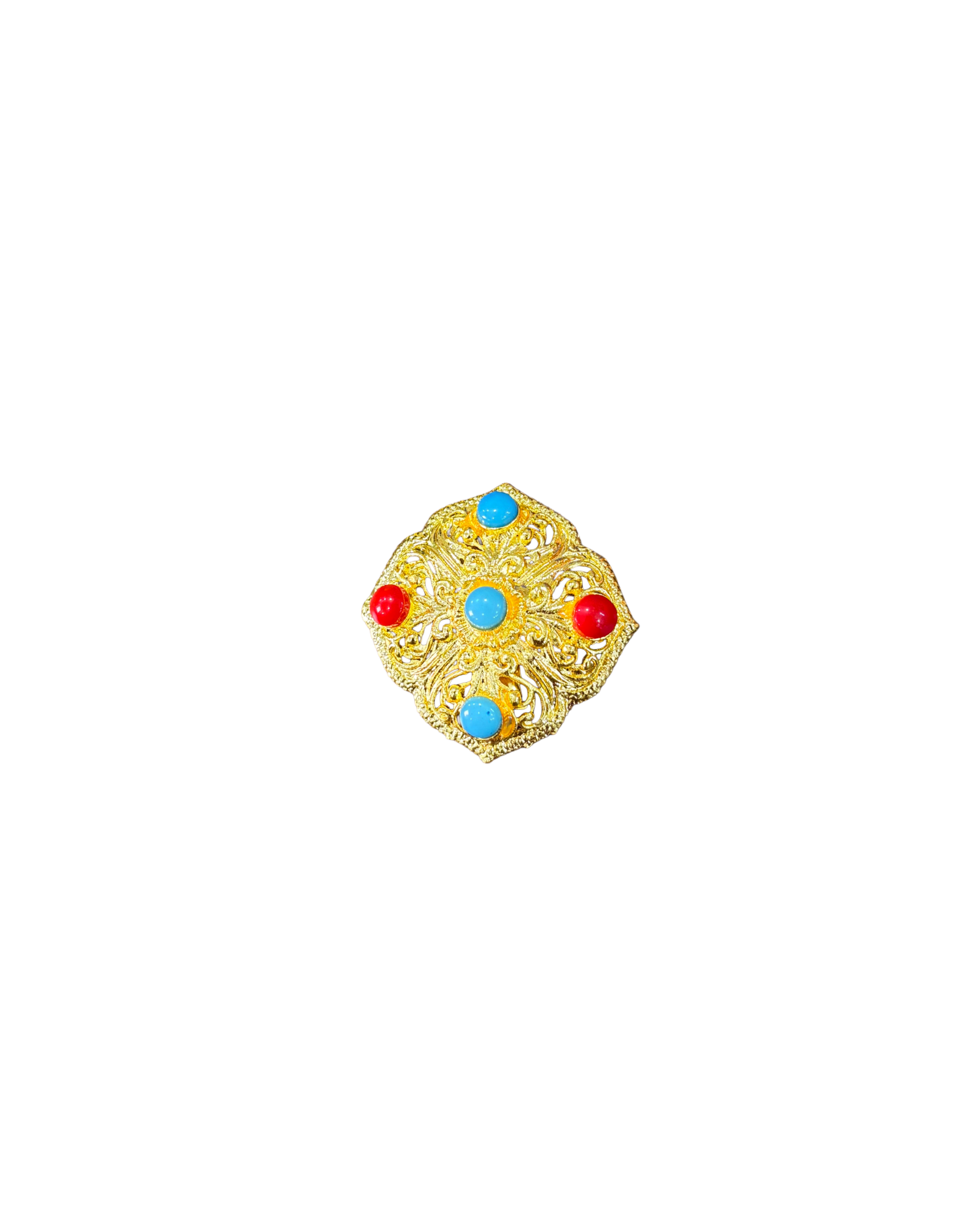 Gold-Plated Tibetan Ghau Amulet Brooch – Faux Coral & Turquoise Cabochons, Statement Pin Gold-Plated Tibetan Ghau Amulet Brooch – Faux Coral & Turquoise Cabochons, Statement Pin - Image 1
