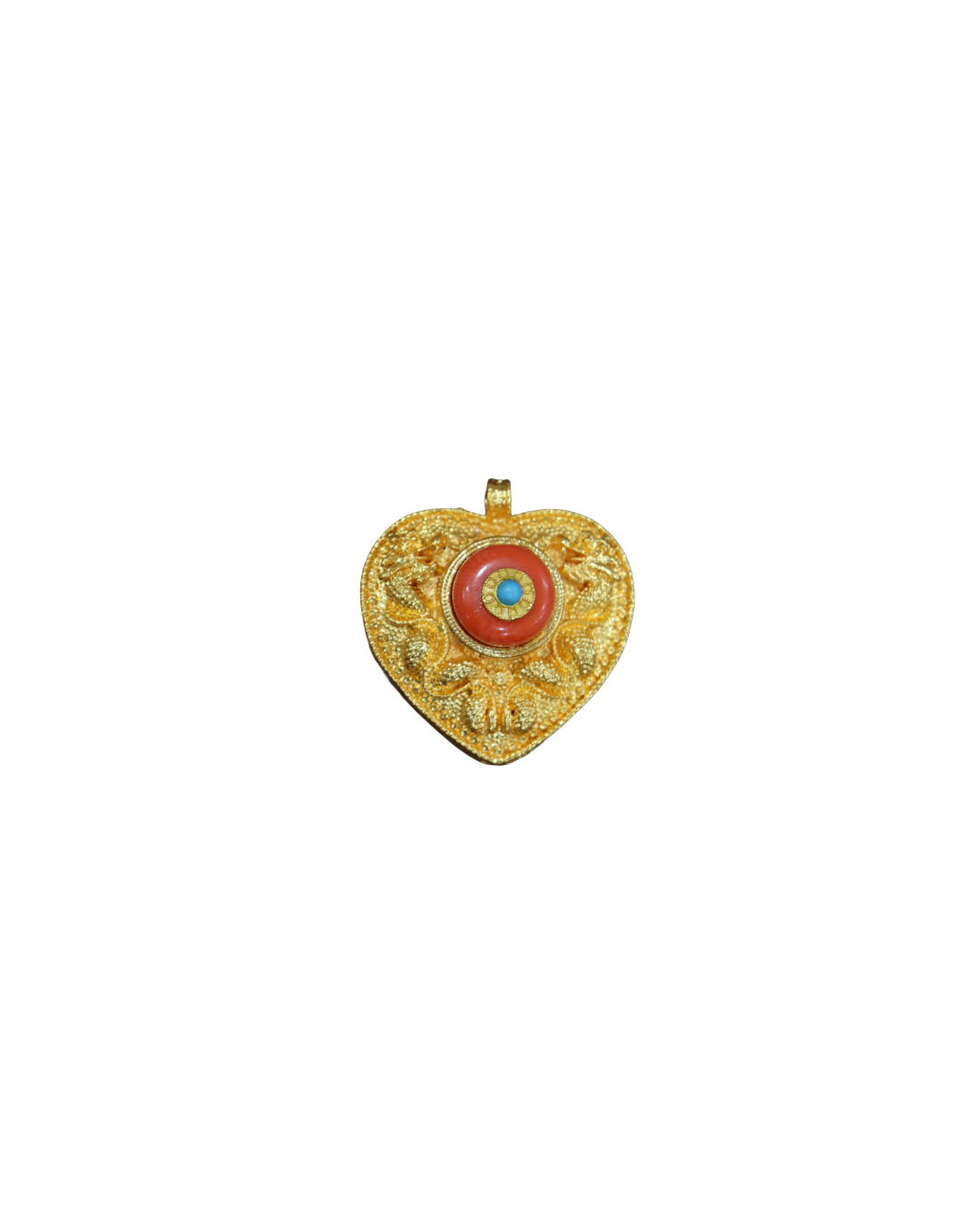 Gold-Plated Tibetan Ghau Amulet Pendant with Coral & Turquoise Stones Gold-Plated Tibetan Ghau Amulet Pendant with Coral & Turquoise Stones - Image 1