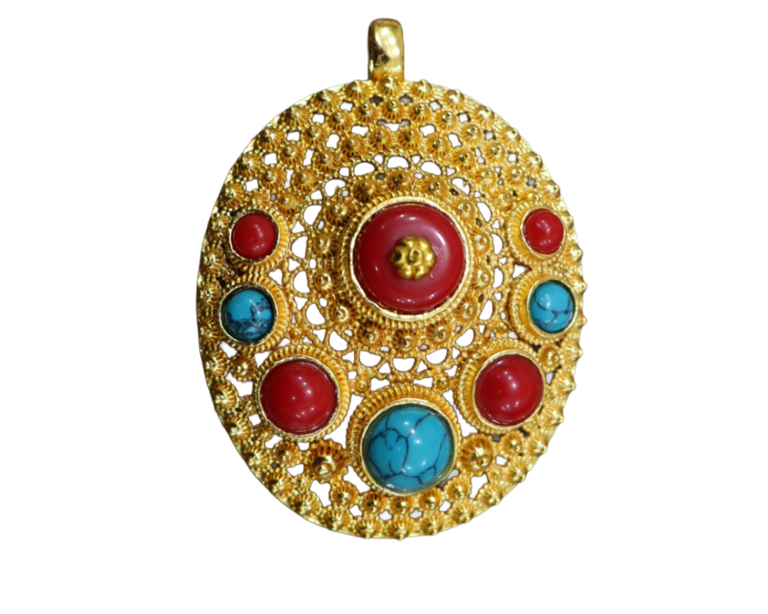 Gold-Plated Tibetan Ghau Amulet Pendant with Turquoise & Coral Prayer Box Necklace Gold-Plated Tibetan Ghau Amulet Pendant with Turquoise & Coral | Prayer Box Necklace - Image 1