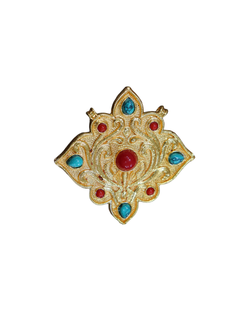 Gold-Plated Tibetan Ghau Amulet Prayer Box Locket with Turquoise & Coral Gold-Plated Tibetan Ghau Amulet Prayer Box Locket with Turquoise & Coral - Image 1