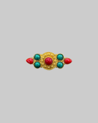Gold-Plated Tibetan Ghau Brooch Box with Turquoise & Coral-Colored Stones | Ethnic Statement Pin