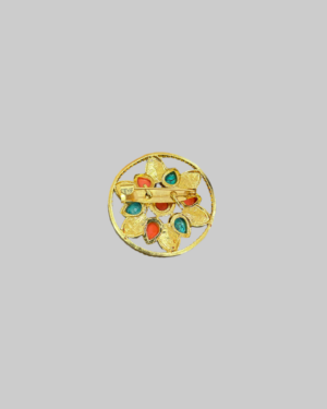 Gold-Plated Tibetan Ghau Brooch with Coral & Turquoise Stones - Image 2
