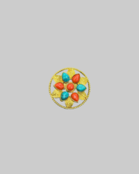 Gold-Plated Tibetan Ghau Brooch with Coral & Turquoise Stones