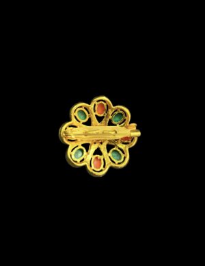 Gold-Plated Tibetan Ghau Brooch – Faux Coral & Turquoise Stones – Designer-Inspired, Possibly Sarah Coventry - Image 2