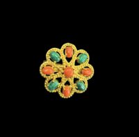 Gold-Plated Tibetan Ghau Brooch – Faux Coral & Turquoise Stones – Designer-Inspired, Possibly Sarah Coventry