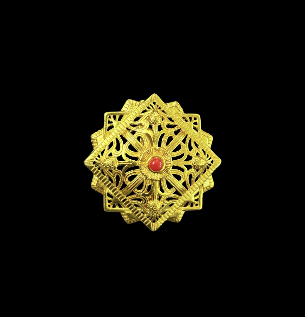 Gold-Plated Tibetan Ghau Brooch – Prayer Box with Red Gemstone Center front Gold-Plated Tibetan Ghau Brooch – Prayer Box with Red Gemstone Center - Image 1
