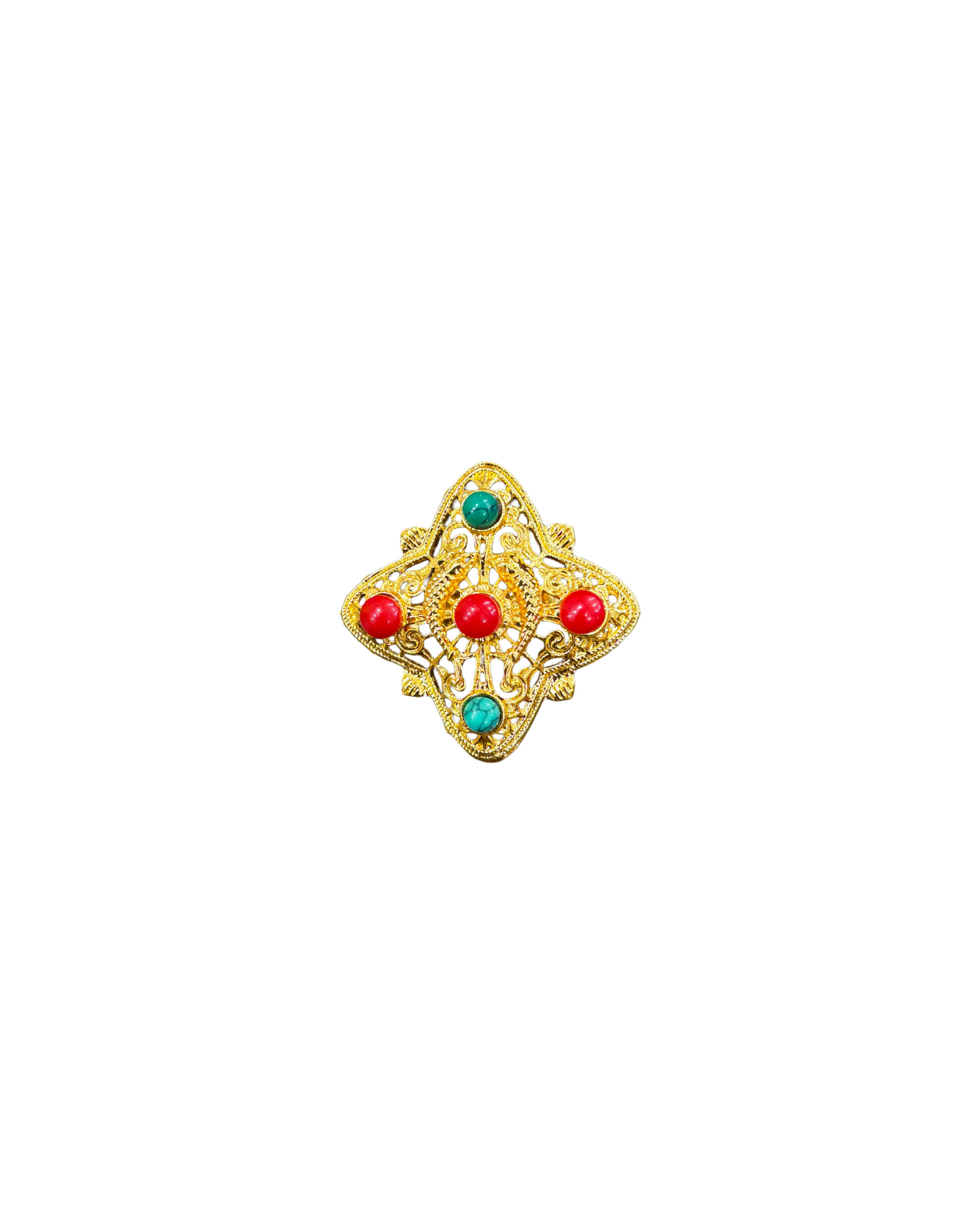Gold-Plated Tibetan Ghau Brooch – Turquoise & Coral-Colored Stone Inlays, Statement Pin - Image 1
