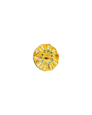 Gold-Plated Tibetan Ghau Brooch – Turquoise & Red Coral / Glass Stones, Prayer Box–Inspired Statement Pin - Image 2