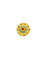 Gold-Plated Tibetan Ghau Brooch – Turquoise & Red Coral / Glass Stones, Prayer Box–Inspired Statement Pin