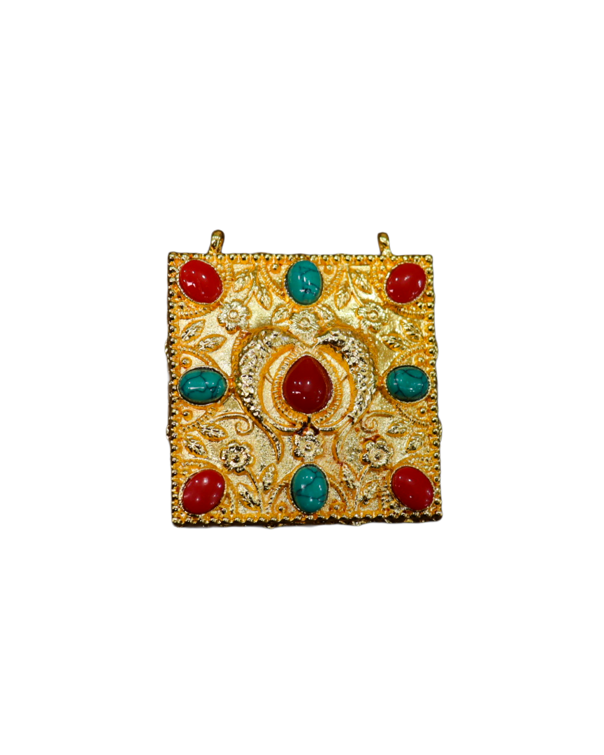 Gold-Plated Tibetan Ghau (Gau) Amulet Pendant with Red & Turquoise Stones Gold-Plated Tibetan Ghau (Gau) Amulet Pendant with Red & Turquoise Stones - Image 1