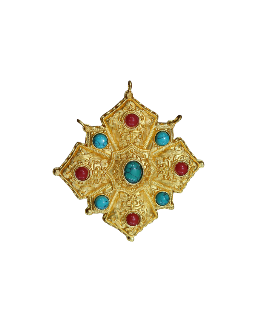 Gold-Plated Tibetan Ghau (Gau) Amulet Prayer Box Pendant with Turquoise & Coral Stones Gold-Plated Tibetan Ghau (Gau) Amulet Prayer Box Pendant with Turquoise & Coral Stones - Image 1
