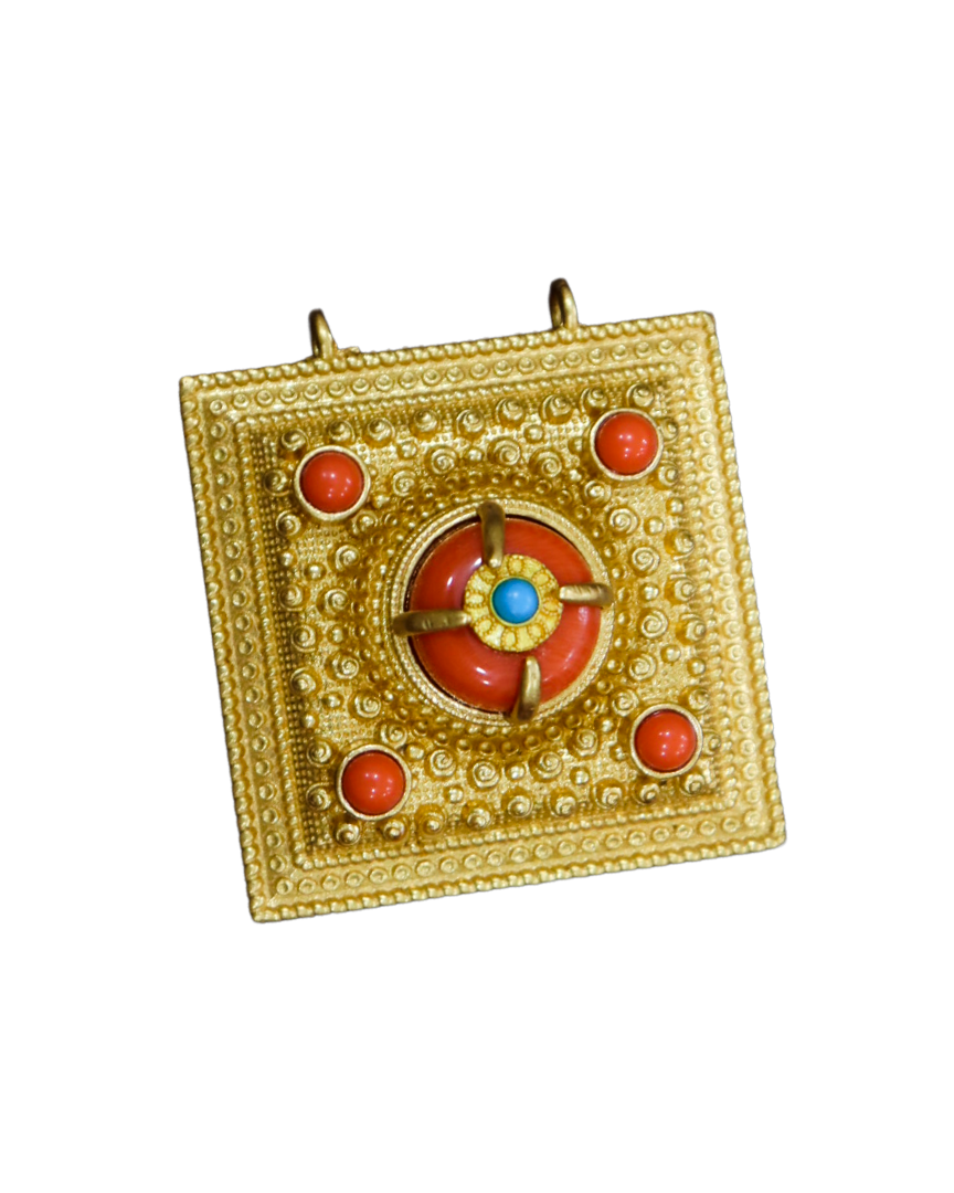 Gold-Plated Tibetan Ghau (Gau) Prayer Box Pendant with Coral & Turquoise Inlay Gold-Plated Tibetan Ghau (Gau) Prayer Box Pendant with Coral & Turquoise Inlay - Image 1