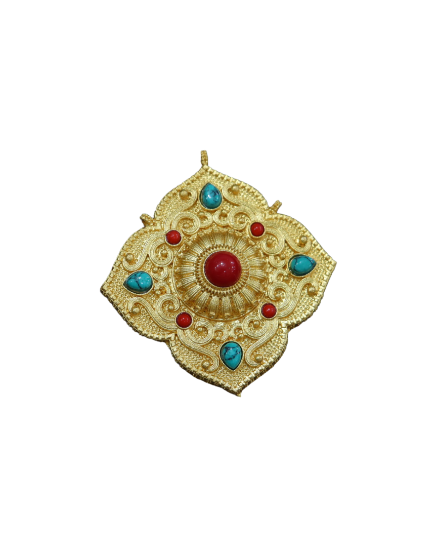 Gold-Plated Tibetan Ghau (Gau) Prayer Box Pendant with Turquoise & Coral Inlays Gold-Plated Tibetan Ghau (Gau) Prayer Box Pendant with Turquoise & Coral Inlays - Image 1