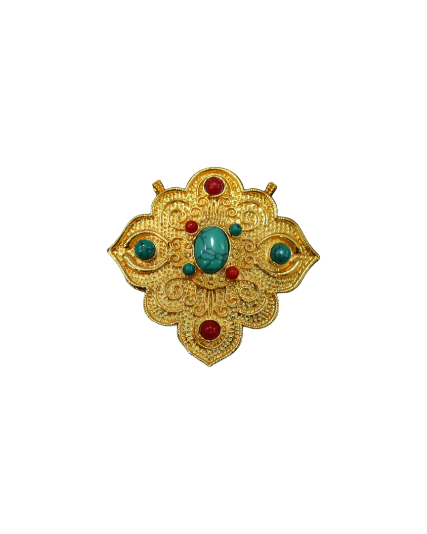 Gold-Plated Tibetan Ghau (Gau) Prayer Box Pendant with Turquoise & Coral Stones Gold-Plated Tibetan Ghau (Gau) Prayer Box Pendant with Turquoise & Coral Stones - Image 1